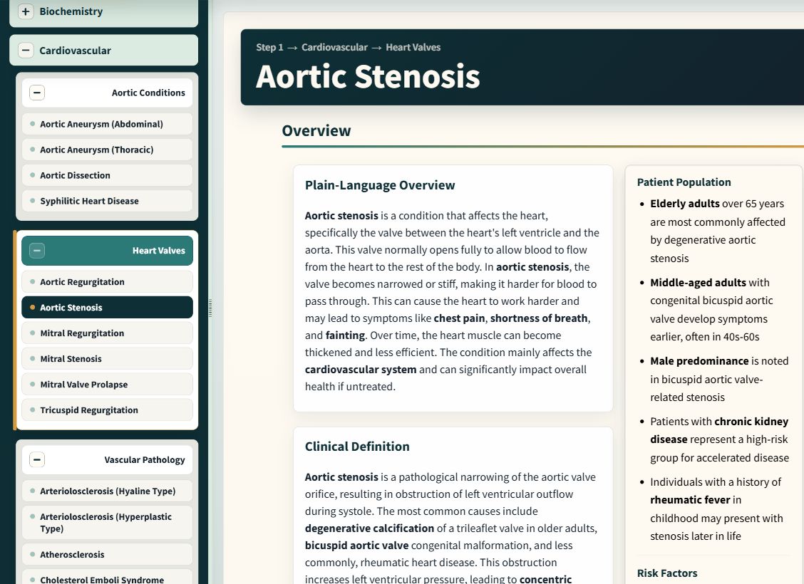 Paid Doctogenic Aortic Stenosis page showing the table of contents, overview, and plain-language overview